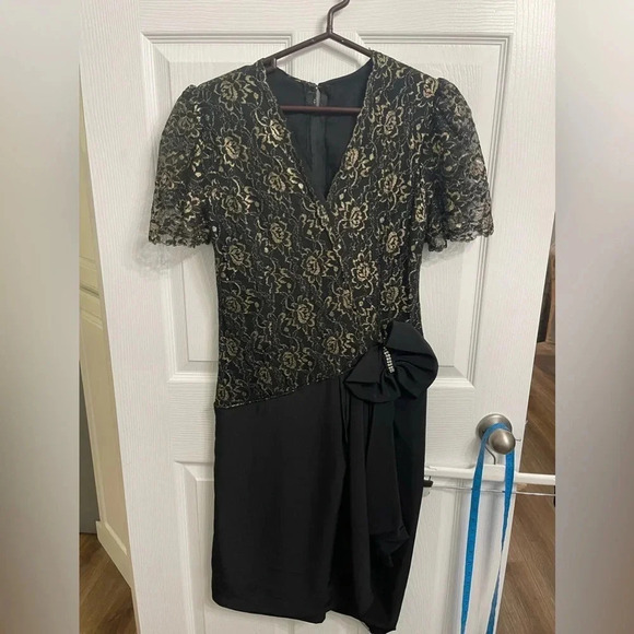 American Vintage Dresses & Skirts - Vintage Unbranded Black Gold Lace Formal Party Dress 80s Prom 32 In Waist 8-10